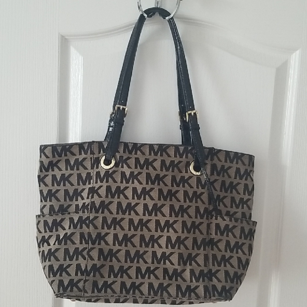 MK Brown MK Logo Tote with Black Straps
